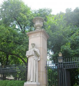A statue at the entrance to Columbia on Broadway and 116th Street