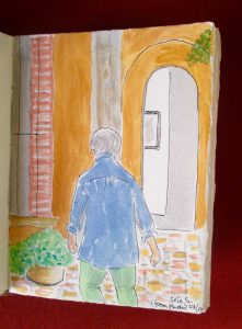 My painting from a photo of my friend Iris approaching her front door -- still needing finishing touches